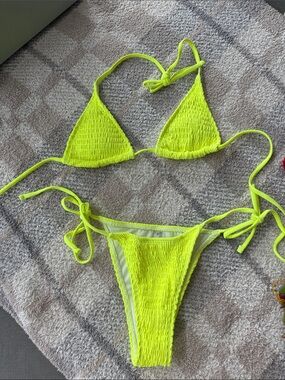 Neon Yellow Smocked Triangle Tie Bikini Set - Women